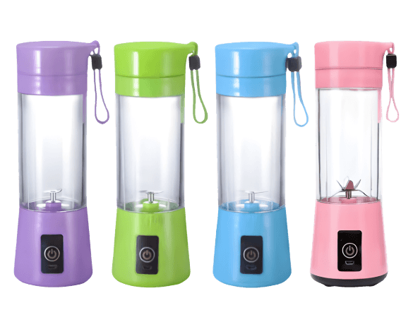 Mini liquidificador portátil recarregável por USB disponível em quatro cores diferentes para preparar sucos e vitaminas