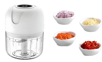 Mini processador elétrico recarregável USB com recipientes mostrando alimentos picados como alho e legumes
