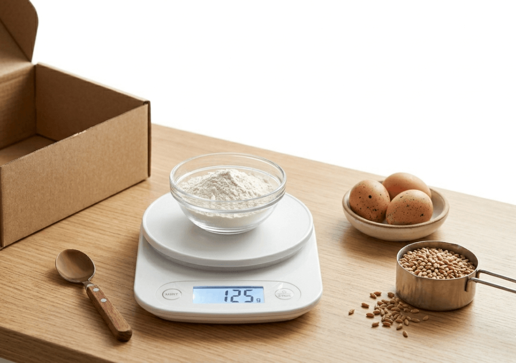 como usar balança digital de cozinha pesando farinha para medir ingredientes com precisão