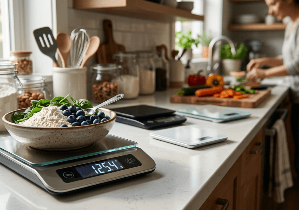 Balança digital de cozinha premium em destaque em cena de comparação com outros modelos desfocados ao fundo, estilo review profissional