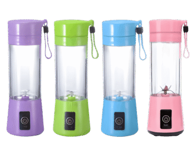 Mini liquidificador portátil recarregável por USB disponível em quatro cores diferentes para preparar sucos e vitaminas