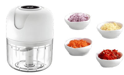 Mini processador elétrico recarregável USB com recipientes mostrando alimentos picados como alho e legumes