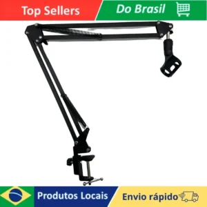 Suporte microfone ajustável resistente e estável, ideal para gravações, lives e podcasts, oferecendo melhor posicionamento e organização do setup.