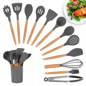 Kit 12 colheres de silicone resistentes ao calor, ideais para mexer e servir alimentos sem riscar panelas antiaderentes, utensílios práticos e duráveis.