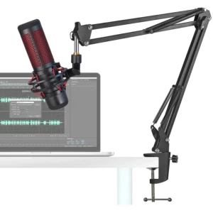Suporte ajustável para microfone de mesa resistente e estável, ideal para gravações, podcasts, lives e reuniões online, com ajuste de altura e ângulo.