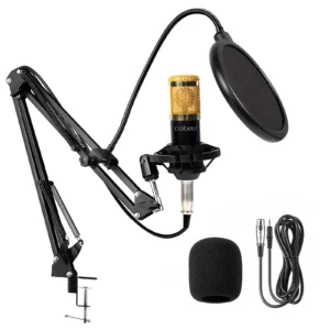Microfone condensador com kit para transmissão ao vivo ideal para lives, streams, podcasts e gravações com áudio profissional. Acompanha braço articulado para melhor posicionamento e placa de som para conexão prática e maior qualidade sonora, garantindo mais desempenho e conforto no uso. 🎙️