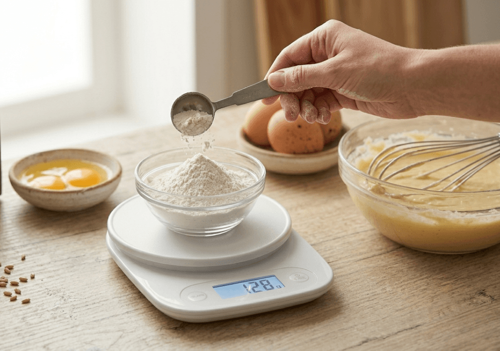Como usar balança digital de cozinha para pesar ingredientes corretamente 3 balança digital de cozinha pesando farinha durante preparo de receita de bolo